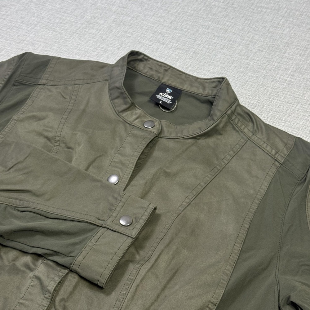 Kuhl Luna Moto Jacket Women Large Green Motorcycle Collared Pockets Snap Buttons